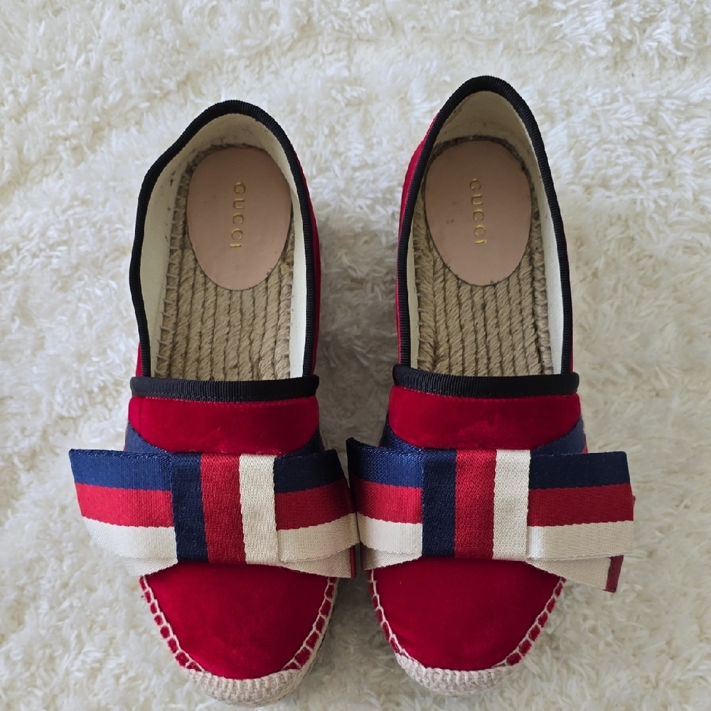 Gucci Red and Navy Espadrilles with Striped Bow